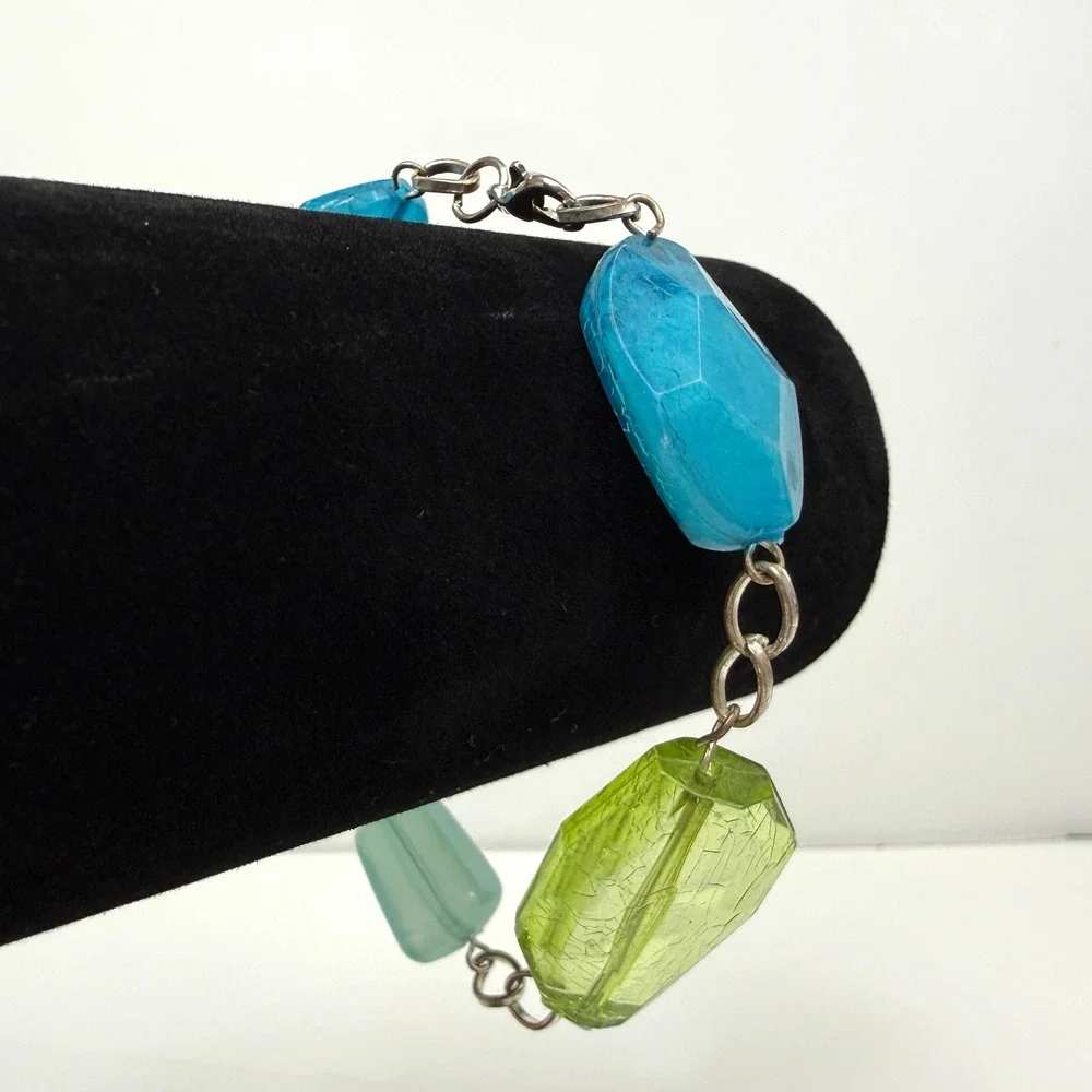 Chunky Acrylic Beaded Statement Necklace and Bracelet Set Blue Green Jewelry